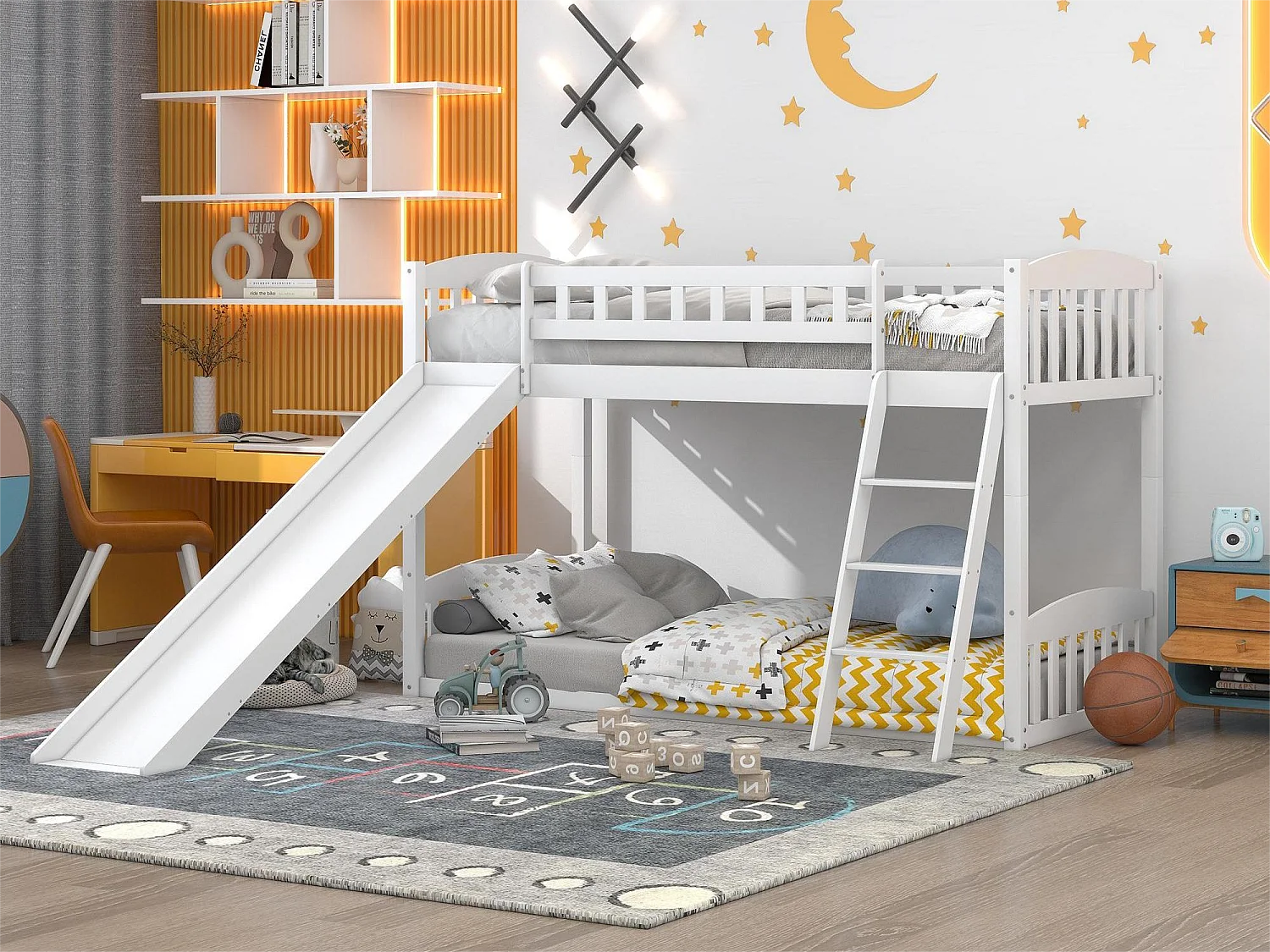 Lit superposé enfant avec toboggan - 2 x 90 x 200 cm - pin - sommier à lattes - coloris blanc