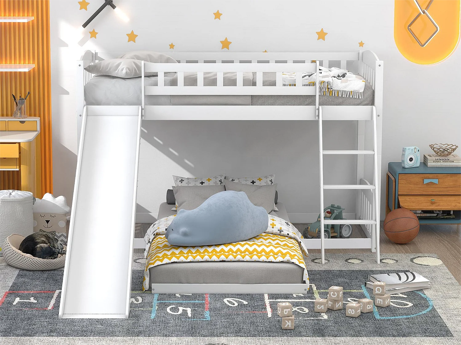 Lit superposé enfant avec toboggan - 2 x 90 x 200 cm - pin - sommier à lattes - coloris blanc