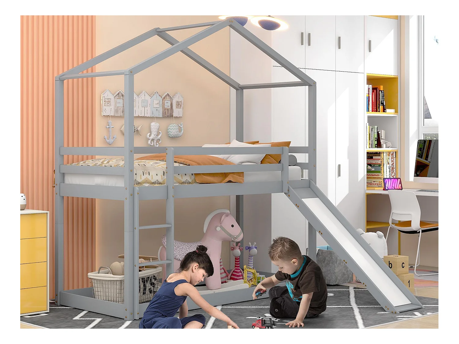 Kinder-Etagenbett mit Rutsche – 90 x 200 cm – Massivholz – Lattenrost nur oben – Grau