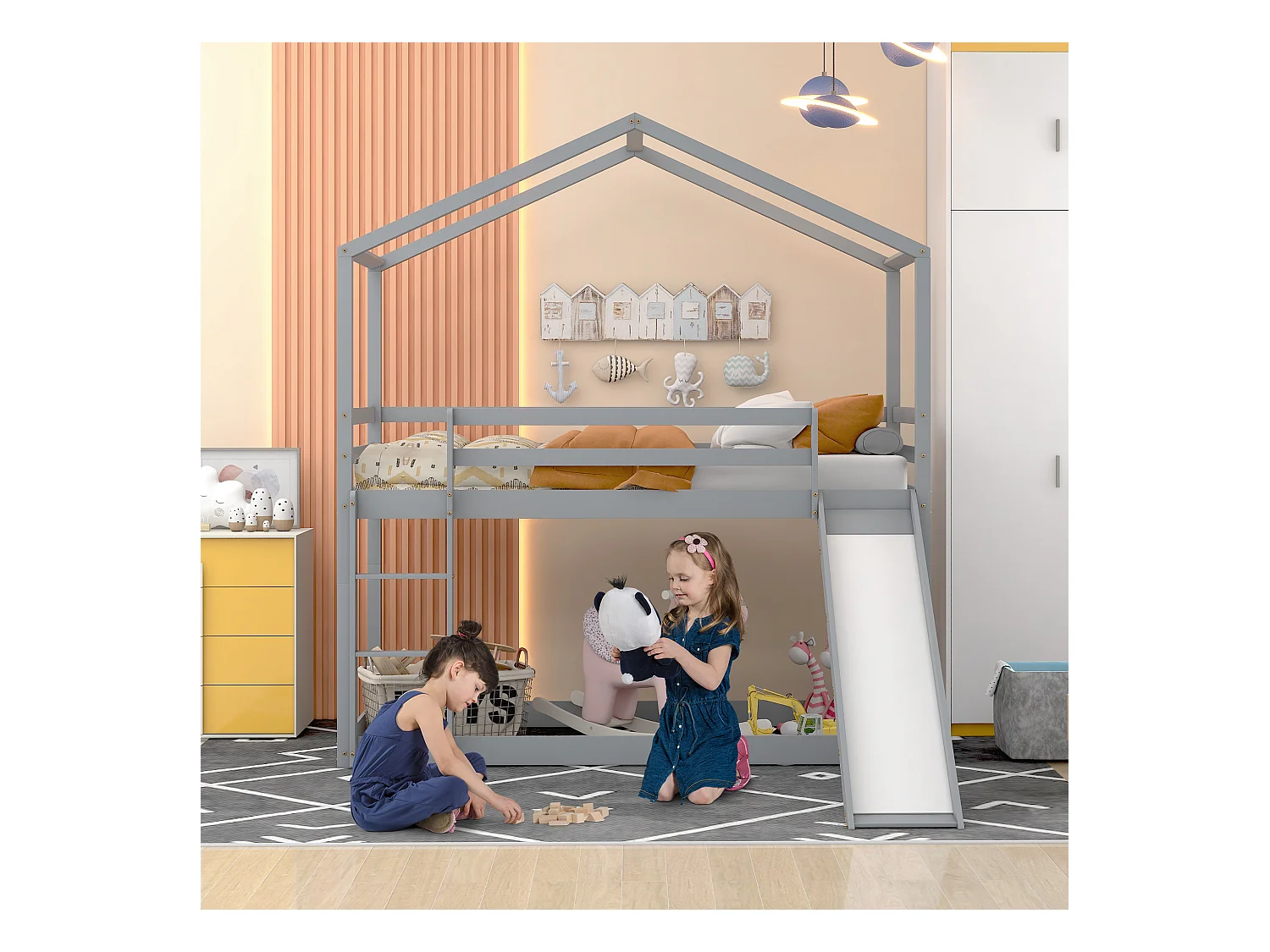 Lit superposé enfant avec toboggan - 90 x 200 cm - bois massif - sommier à lattes seule en dessus - gris