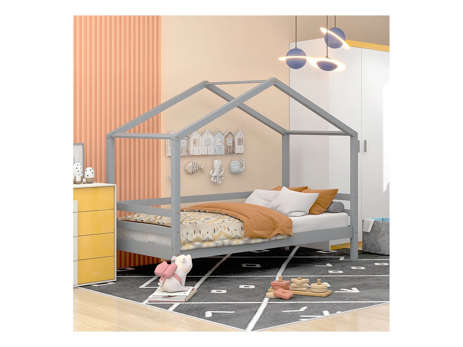 Lit superposé enfant avec toboggan - 90 x 200 cm - bois massif - sommier à lattes seule en dessus - gris