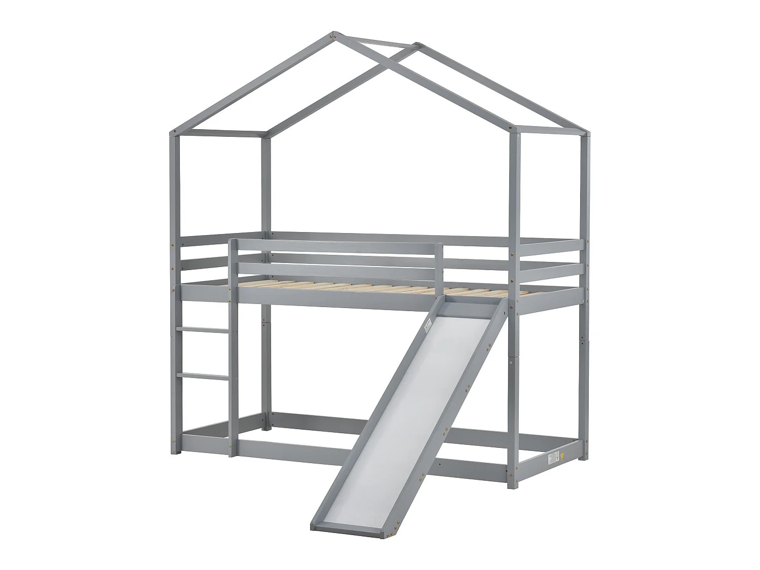 Lit superposé enfant avec toboggan - 90 x 200 cm - bois massif - sommier à lattes seule en dessus - gris