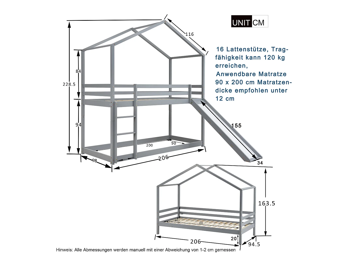 Lit superposé enfant avec toboggan - 90 x 200 cm - bois massif - sommier à lattes seule en dessus - gris
