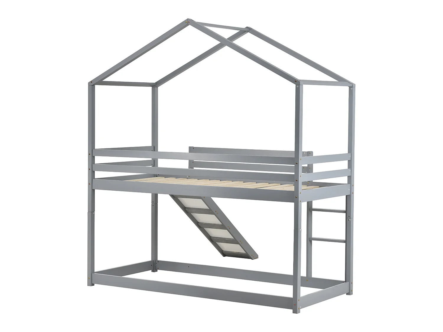 Lit superposé enfant avec toboggan - 90 x 200 cm - bois massif - sommier à lattes seule en dessus - gris