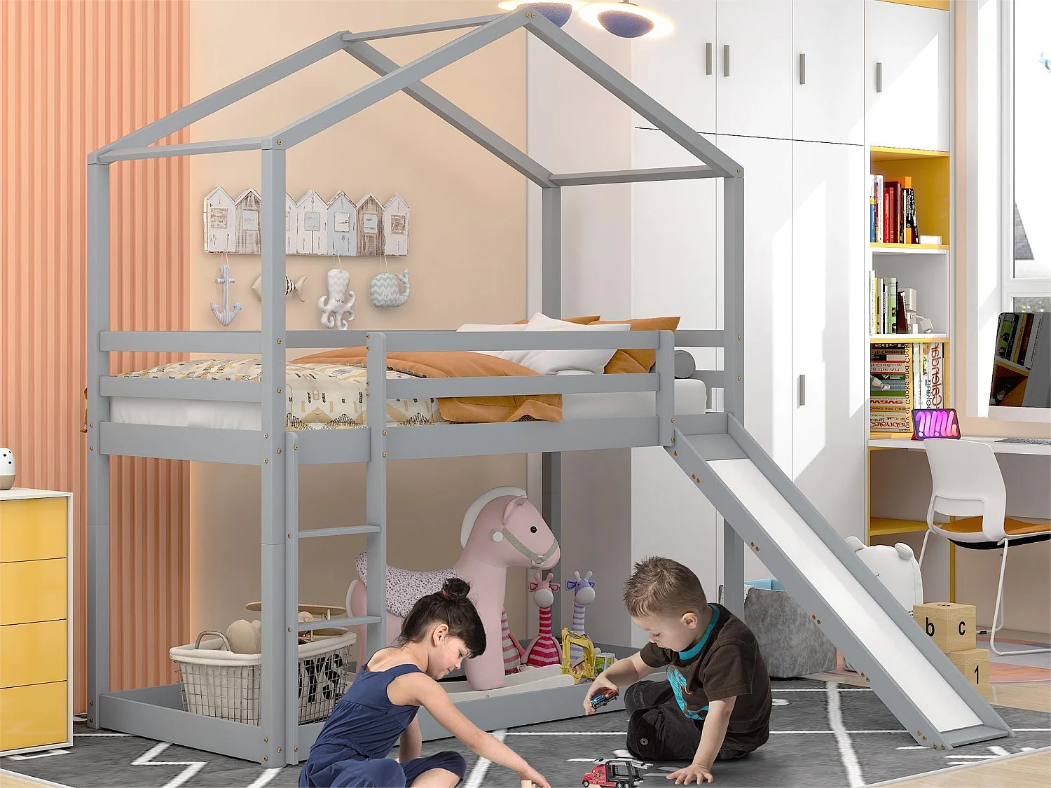 Lit superposé enfant avec toboggan - 90 x 200 cm - bois massif - sommier à lattes seule en dessus - gris