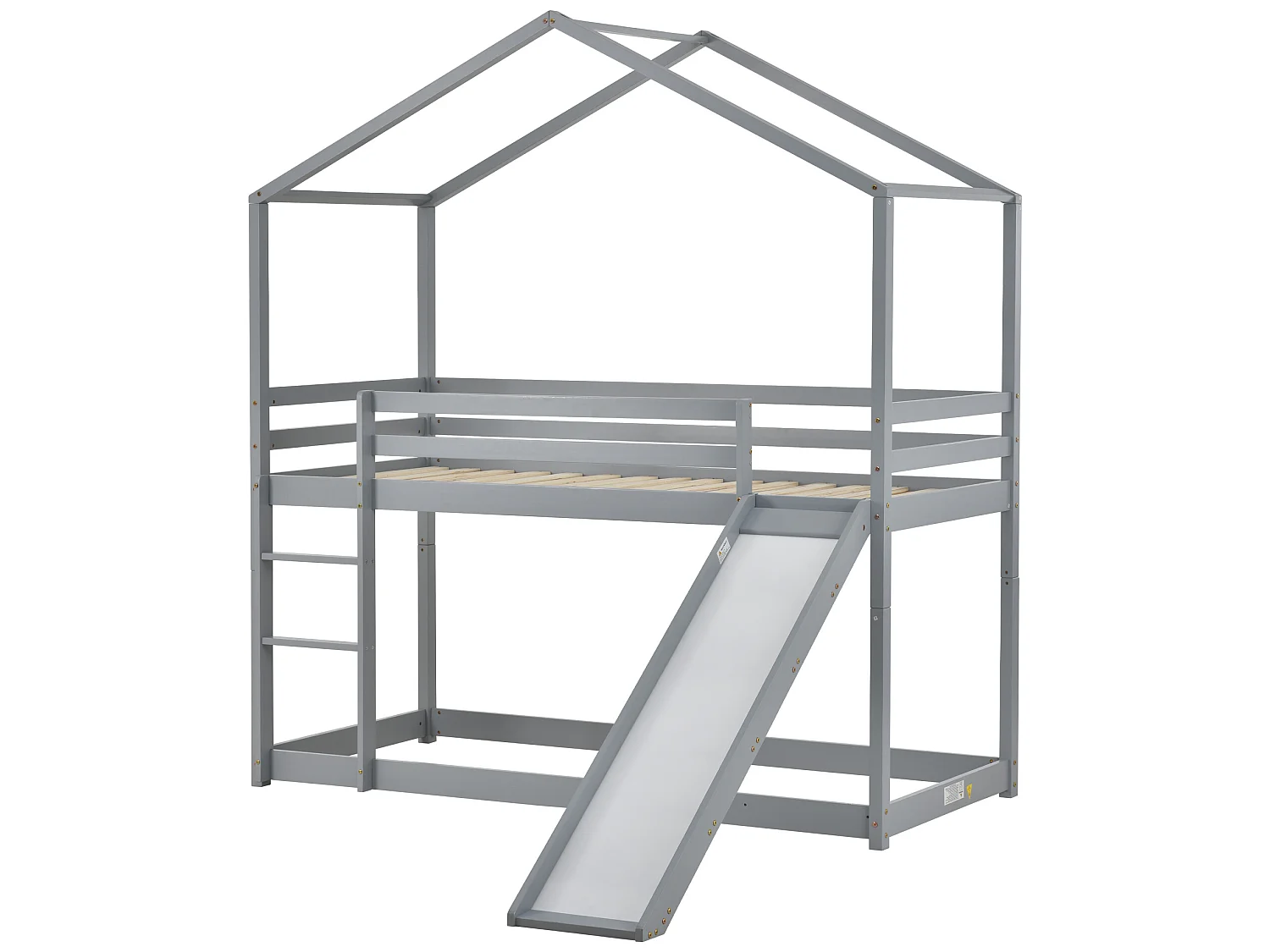 Lit superposé enfant avec toboggan - 90 x 200 cm - bois massif - sommier à lattes seule en dessus - gris