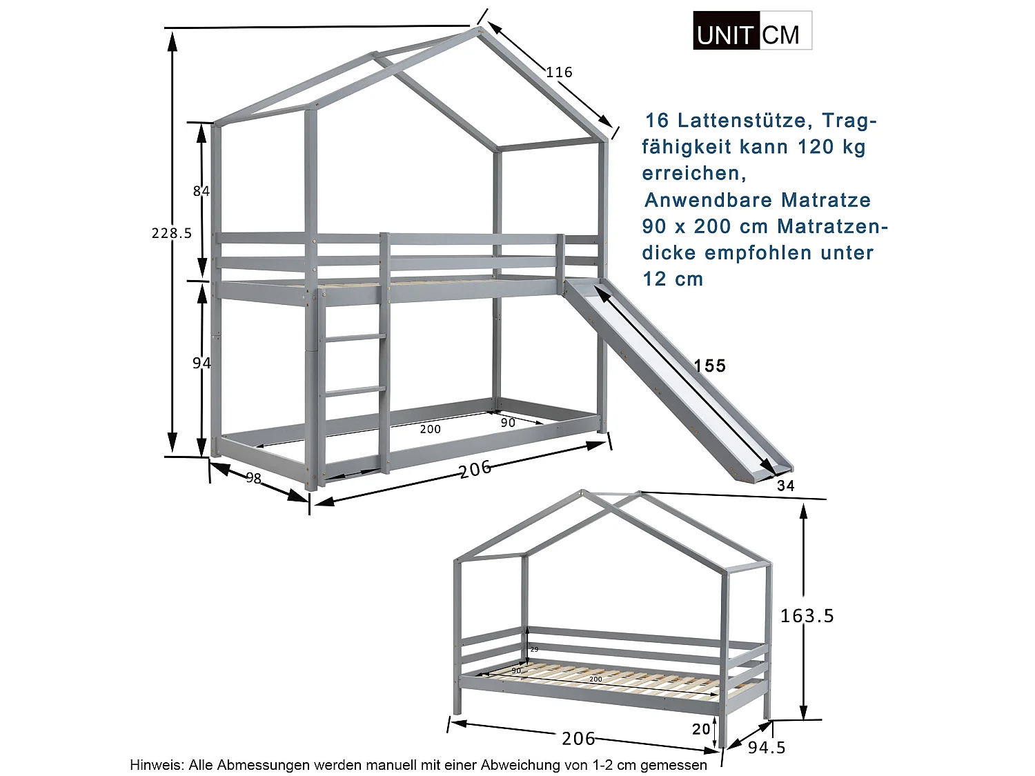 Lit superposé enfant avec toboggan - 90 x 200 cm - bois massif - sommier à lattes seule en dessus - gris