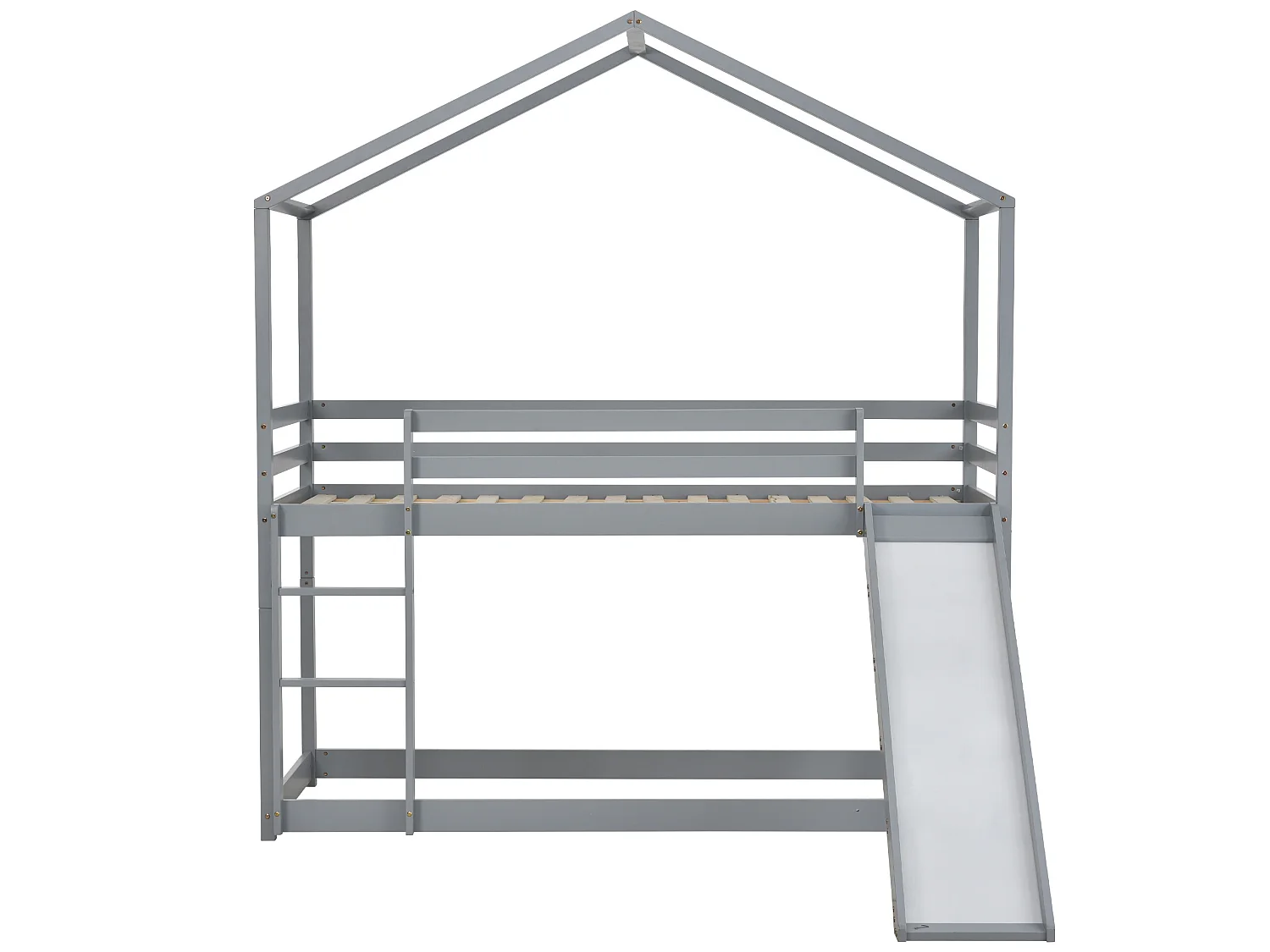 Lit superposé enfant avec toboggan - 90 x 200 cm - bois massif - sommier à lattes seule en dessus - gris