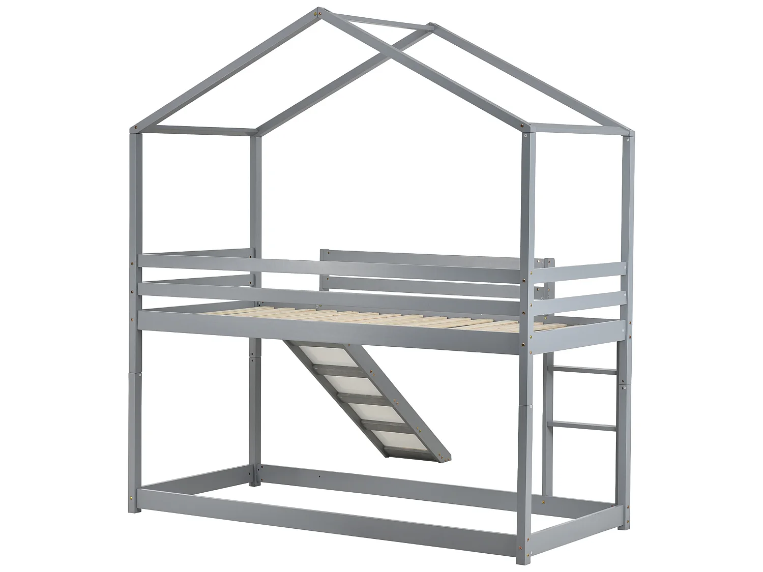 Lit superposé enfant avec toboggan - 90 x 200 cm - bois massif - sommier à lattes seule en dessus - gris