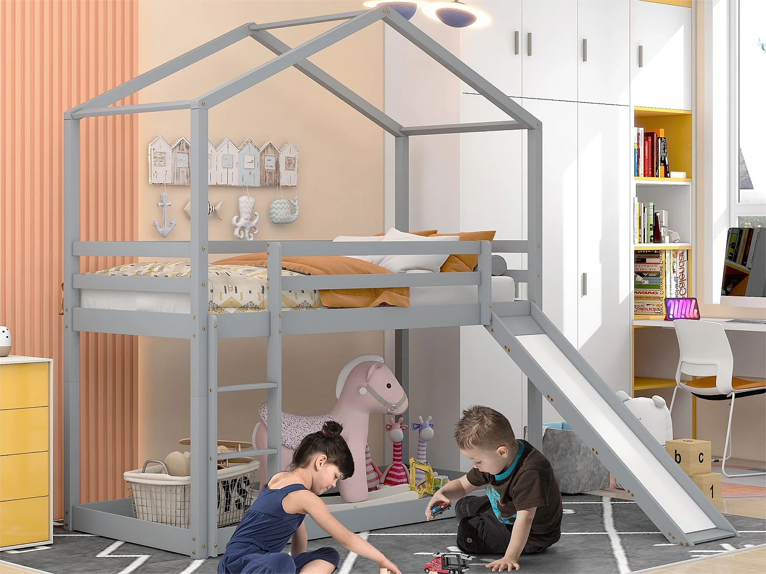 Lit superposé enfant avec toboggan - 90 x 200 cm - bois massif - sommier à lattes seule en dessus - gris