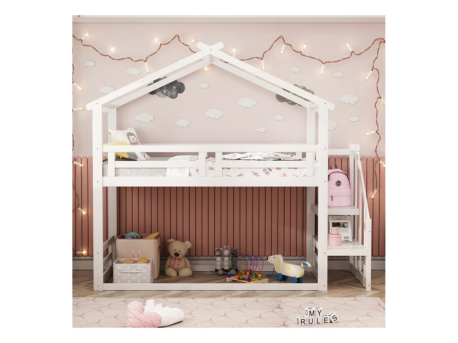 Lit superposé cabane avec rangement - 90 x 200 cm - pin - sommier à lattes seule en dessus - blanc