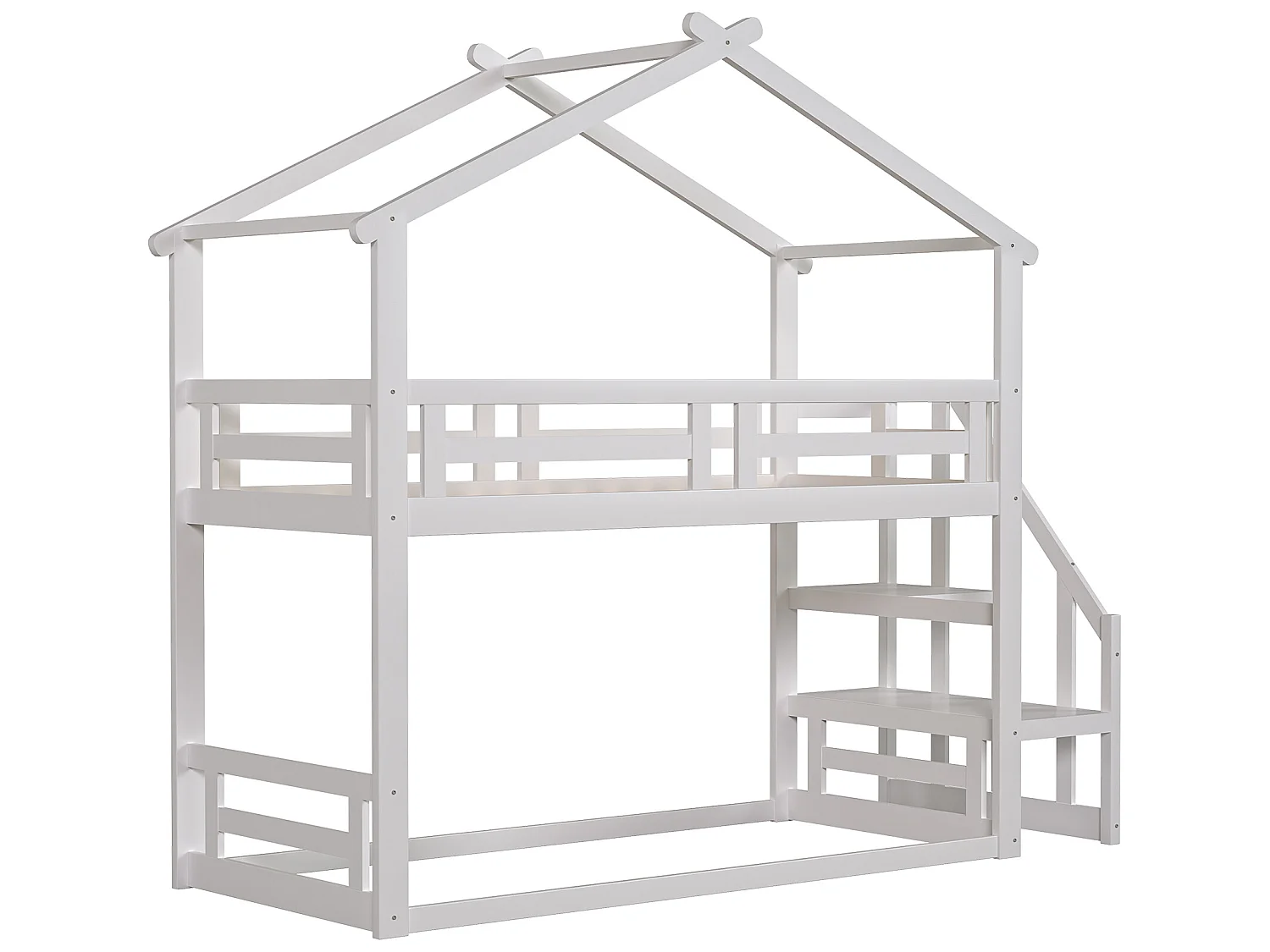 Lit superposé cabane avec rangement - 90 x 200 cm - pin - sommier à lattes seule en dessus - blanc