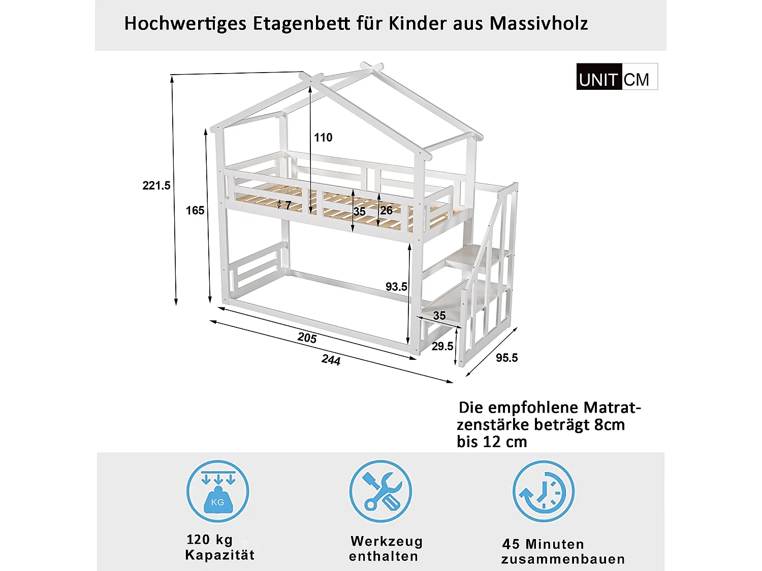 Lit superposé cabane avec rangement - 90 x 200 cm - pin - sommier à lattes seule en dessus - blanc