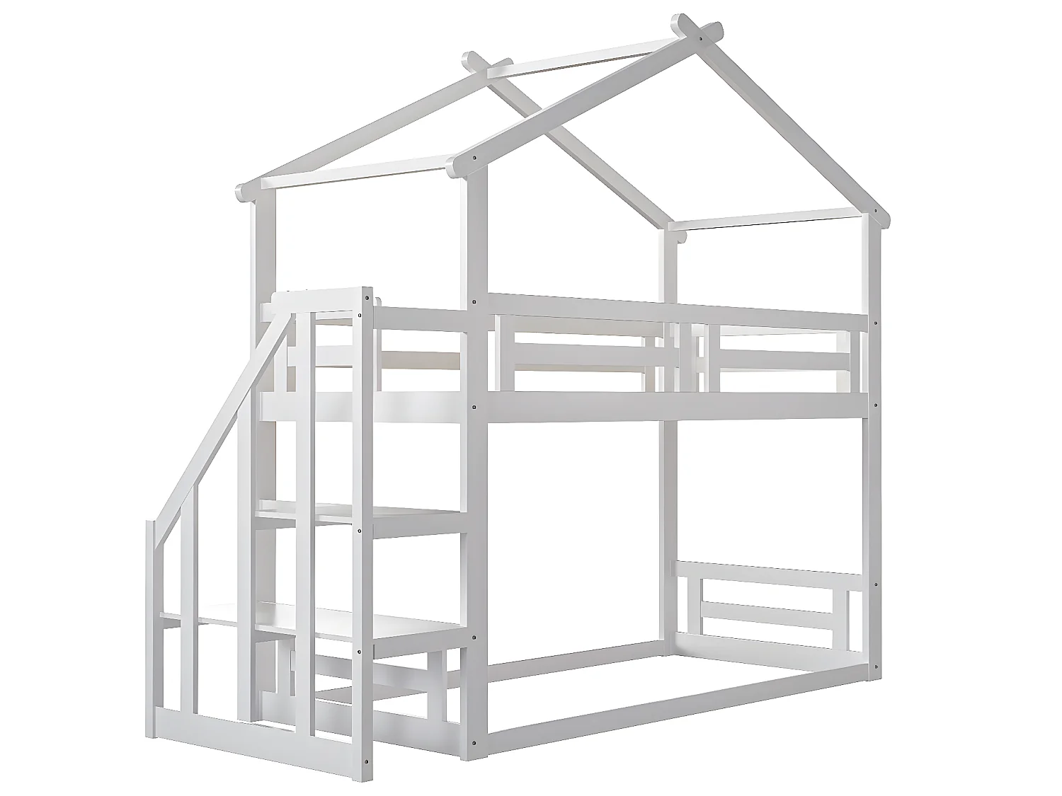 Lit superposé cabane avec rangement - 90 x 200 cm - pin - sommier à lattes seule en dessus - blanc