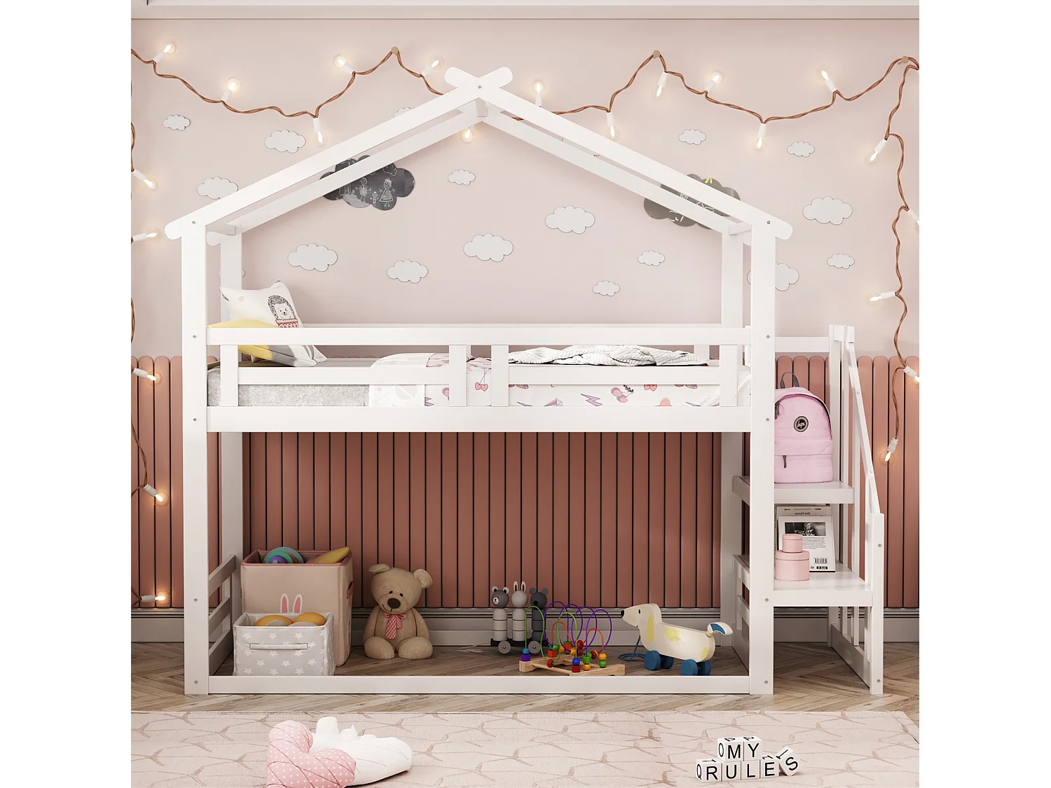 Kajuitstapelbed met opbergruimte - 90 x 200 cm - grenen - lattenbodem alleen bovenaan - wit