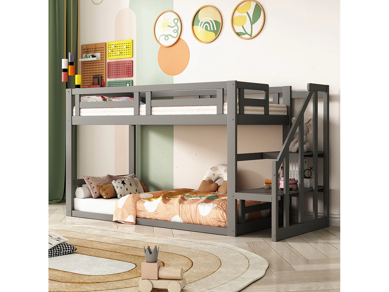 Lit superposé 2 places avec rangement - 2 x 90 x 200 cm - pin - sommier à lattes - gris