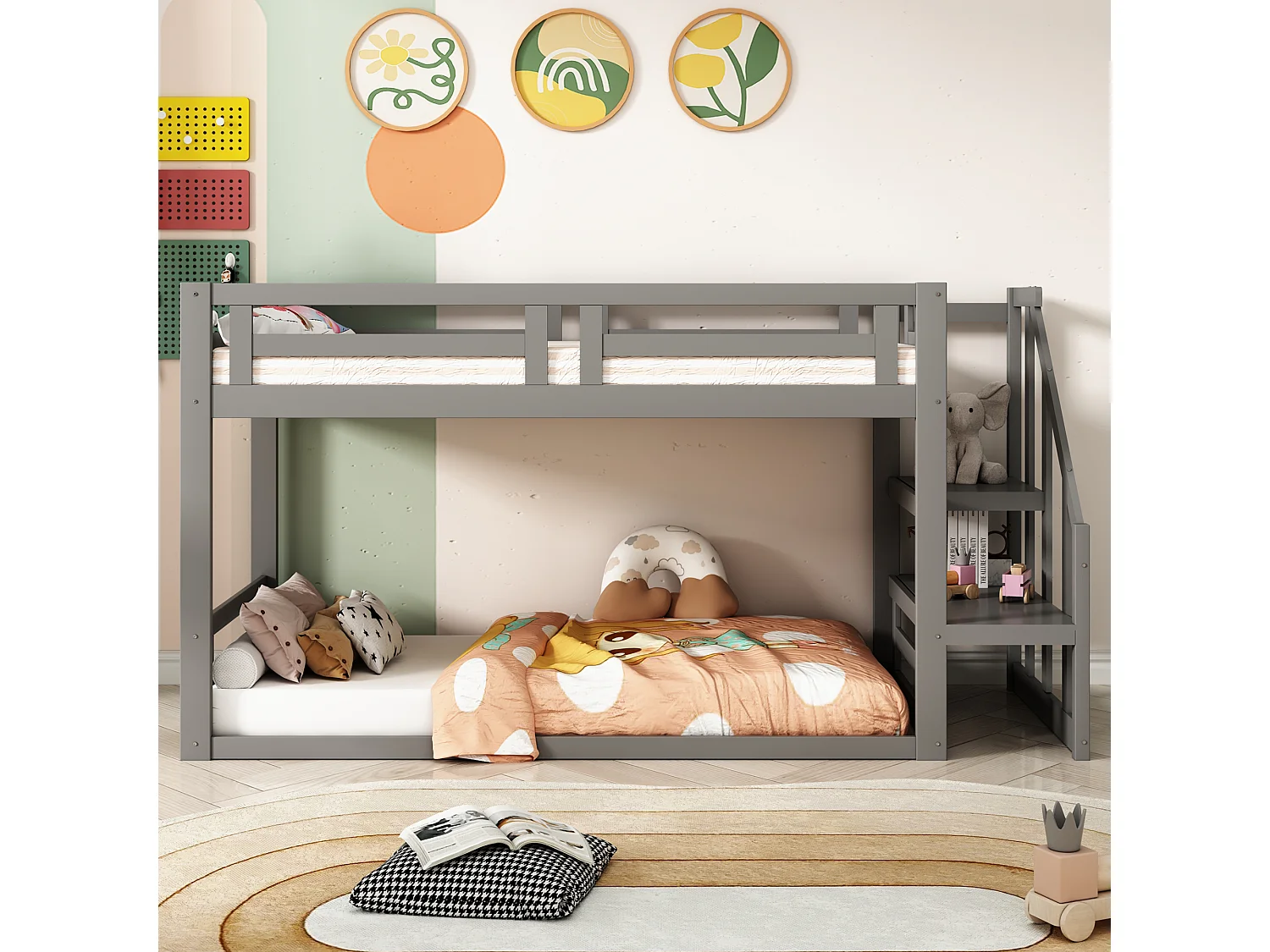 Lit superposé 2 places avec rangement - 2 x 90 x 200 cm - pin - sommier à lattes - gris