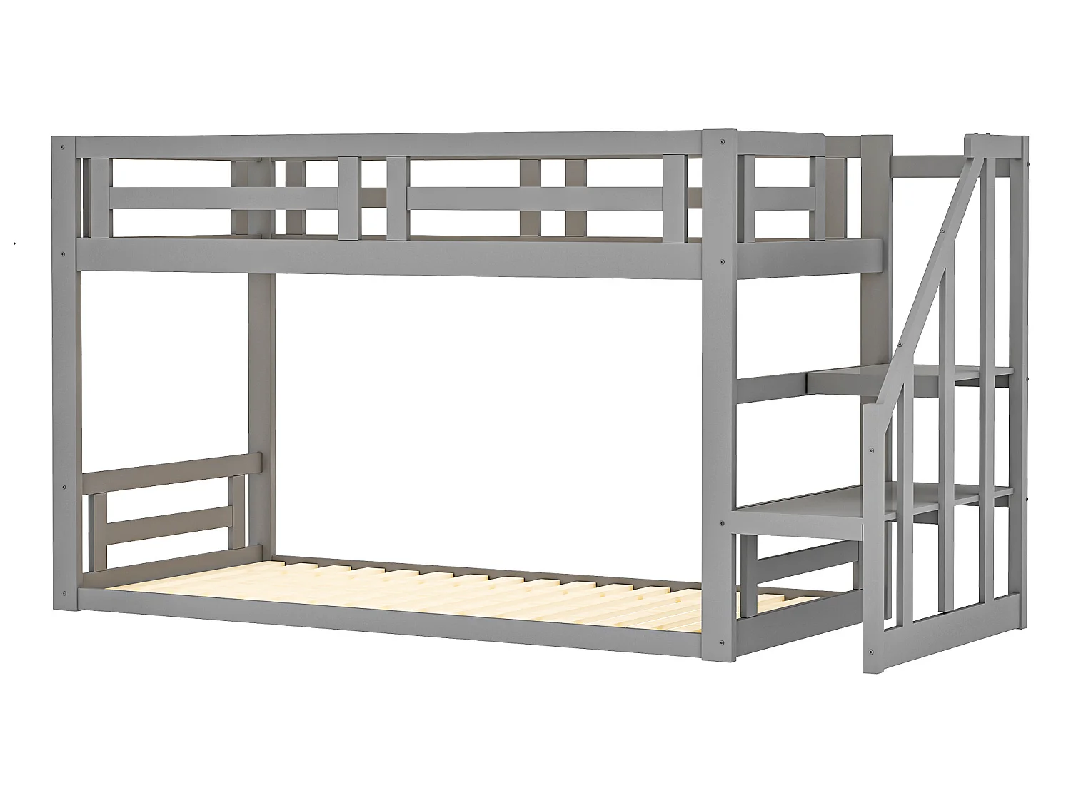 Lit superposé 2 places avec rangement - 2 x 90 x 200 cm - pin - sommier à lattes - gris