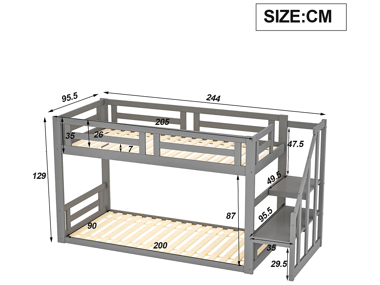 Lit superposé 2 places avec rangement - 2 x 90 x 200 cm - pin - sommier à lattes - gris