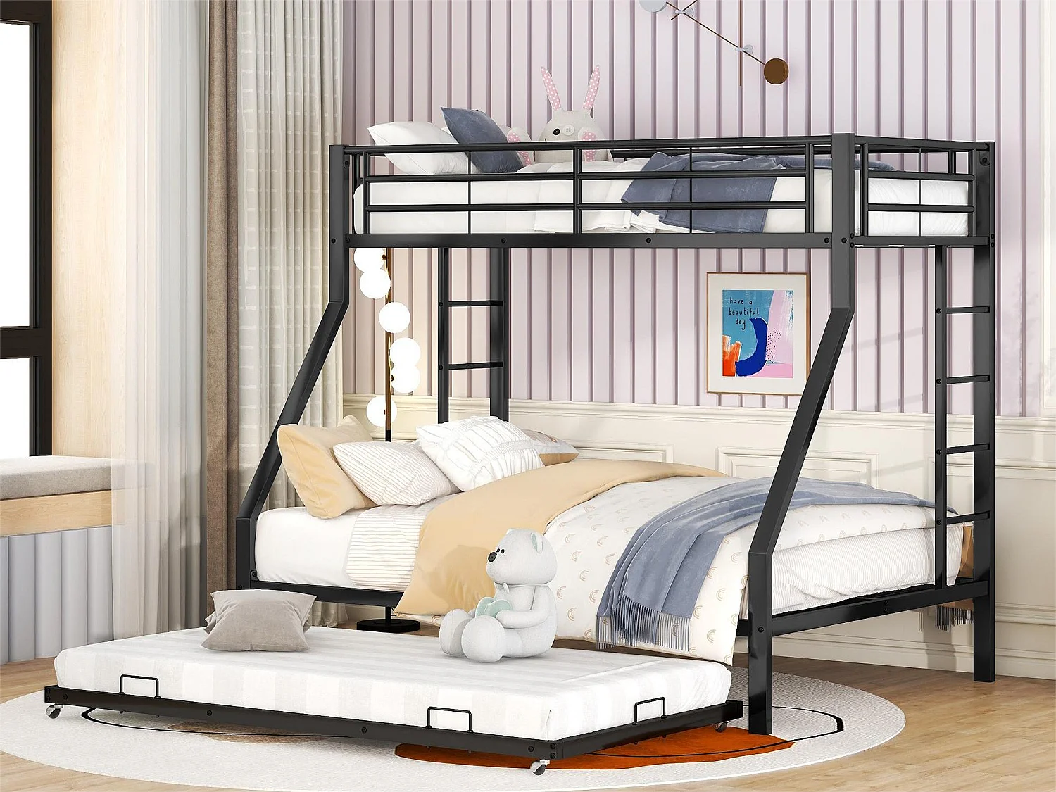 Ausziehbares Etagenbett für 4 Personen – 140 x 200 cm + 2 x 90 x 200 cm – Metall – Lattenrost – Farbe Schwarz