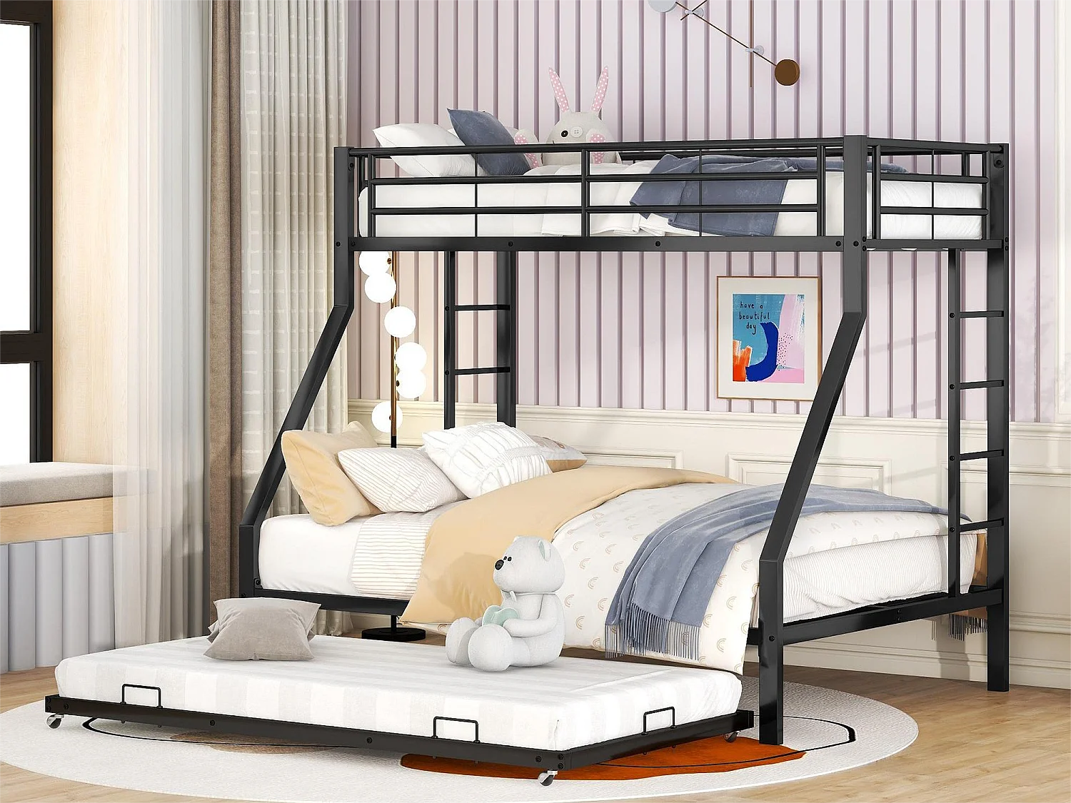 Letto a castello estraibile 4 posti - 140 x 200 cm + 2 x 90 x 200 cm - metallo - rete a doghe - colore nero