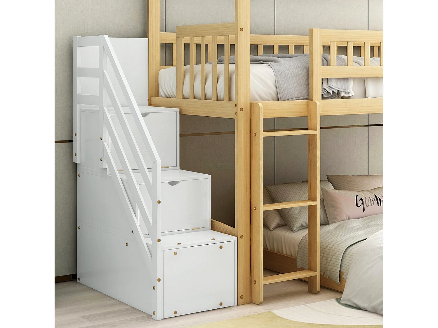 Lit superposé en bois avec rangement - 2 x 90 x 200 cm - échelle, toboggan et sommier à lattes - coloris naturel et blanc