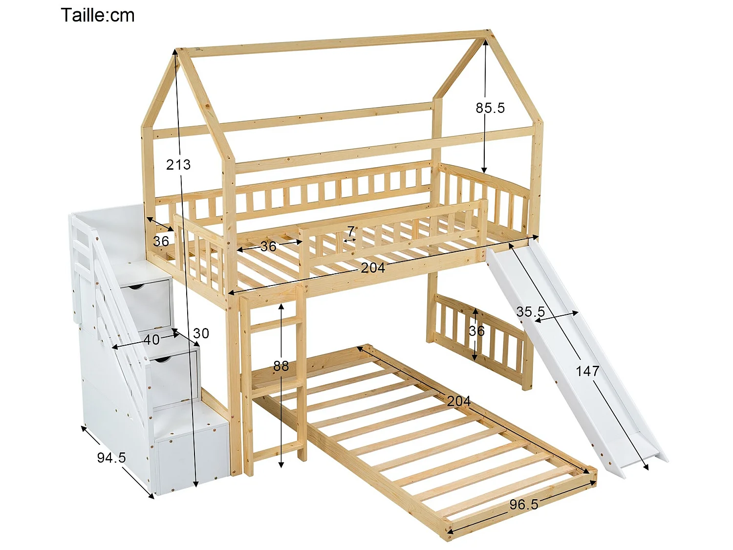 Lit superposé en bois avec rangement - 2 x 90 x 200 cm - échelle, toboggan et sommier à lattes - coloris naturel et blanc