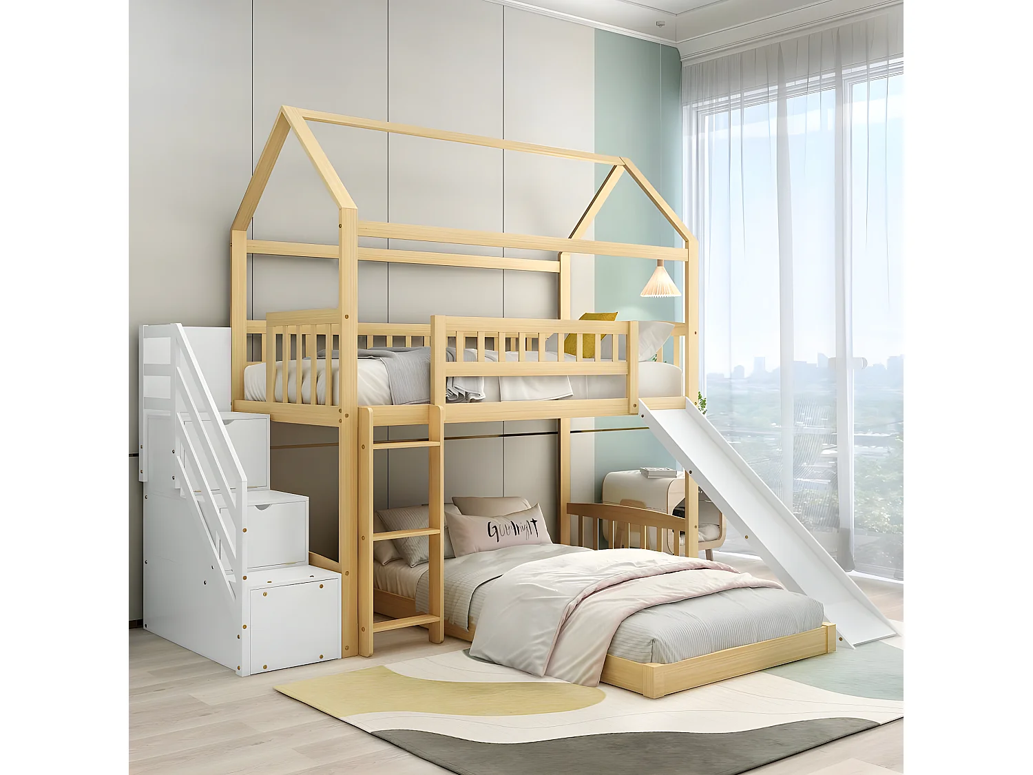 Houten stapelbed met opbergruimte - 2 x 90 x 200 cm - ladder, glijbaan en lattenbodem - kleur naturel en wit