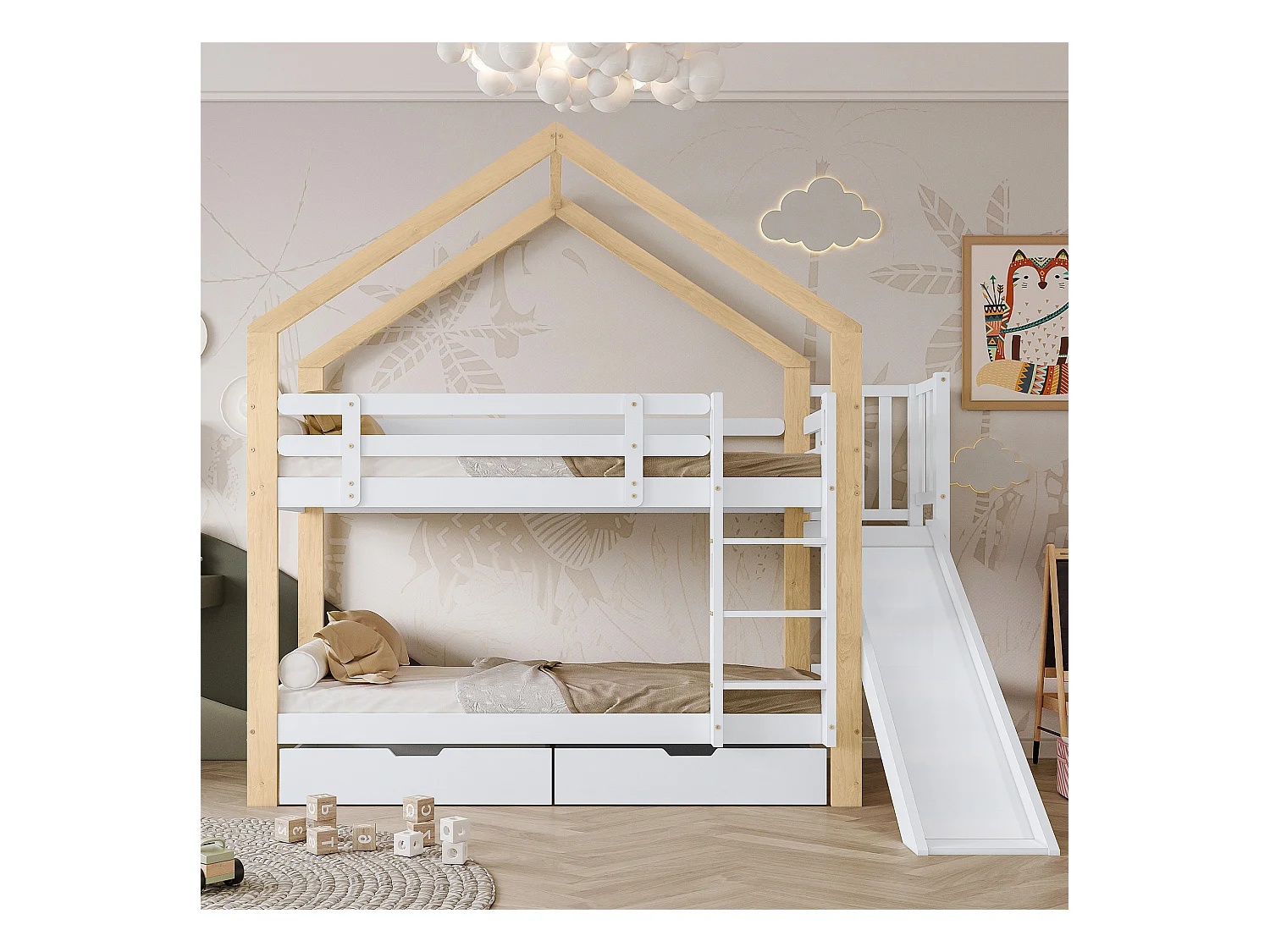 Lit superposé avec rangement - 2 x 90 x 200 cm - échelle, toboggan et sommier à lattes - naturel et blanc