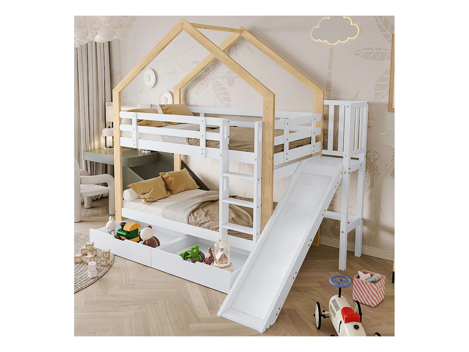 Beliche com arrumação - 2 x 90 x 200 cm - escada, escorrega e base de ripas - natural e branco