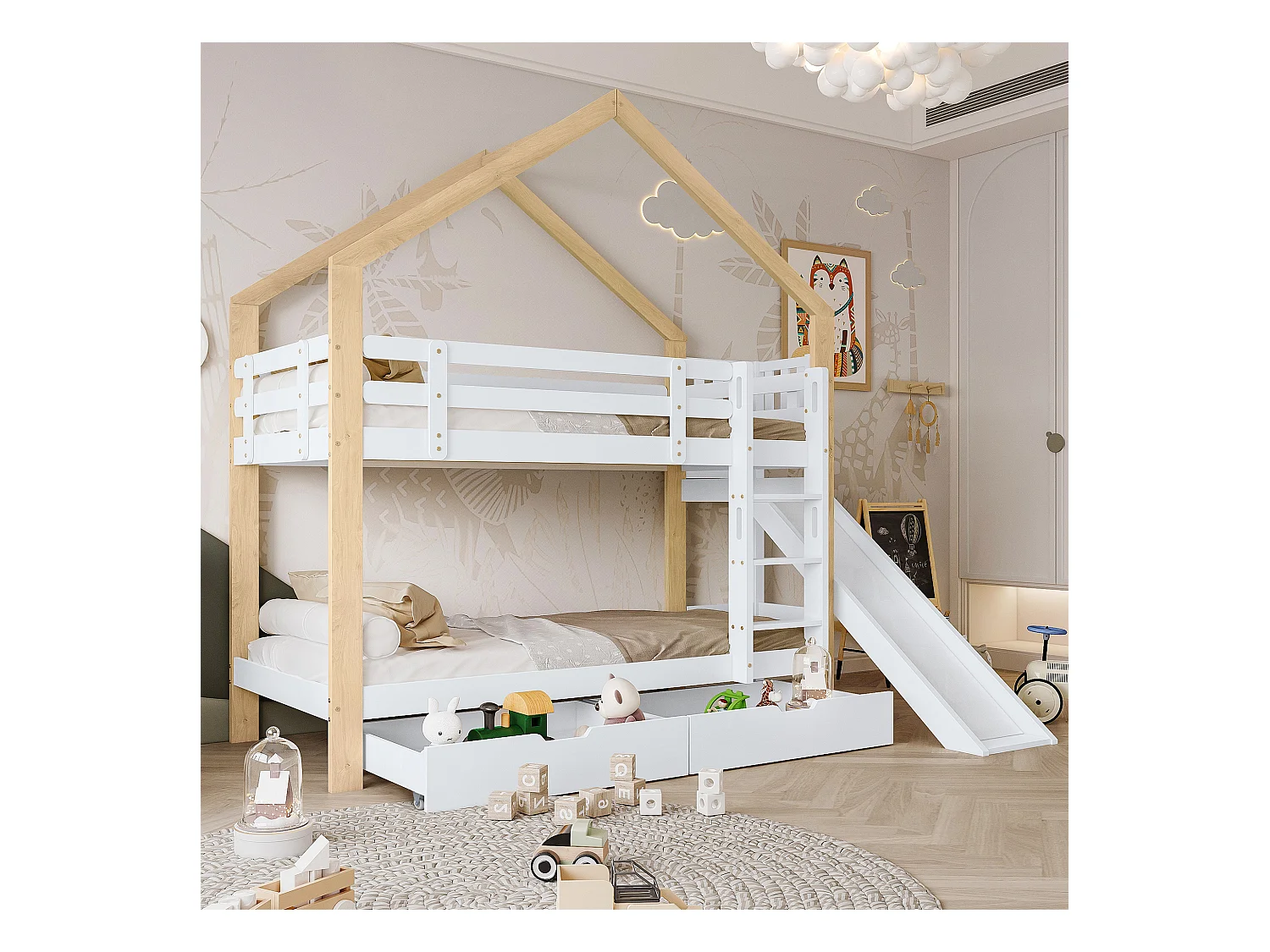 Beliche com arrumação - 2 x 90 x 200 cm - escada, escorrega e base de ripas - natural e branco