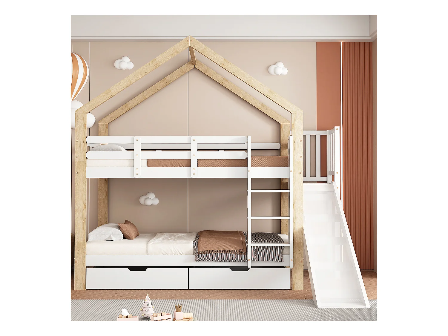 Beliche com arrumação - 2 x 90 x 200 cm - escada, escorrega e base de ripas - natural e branco