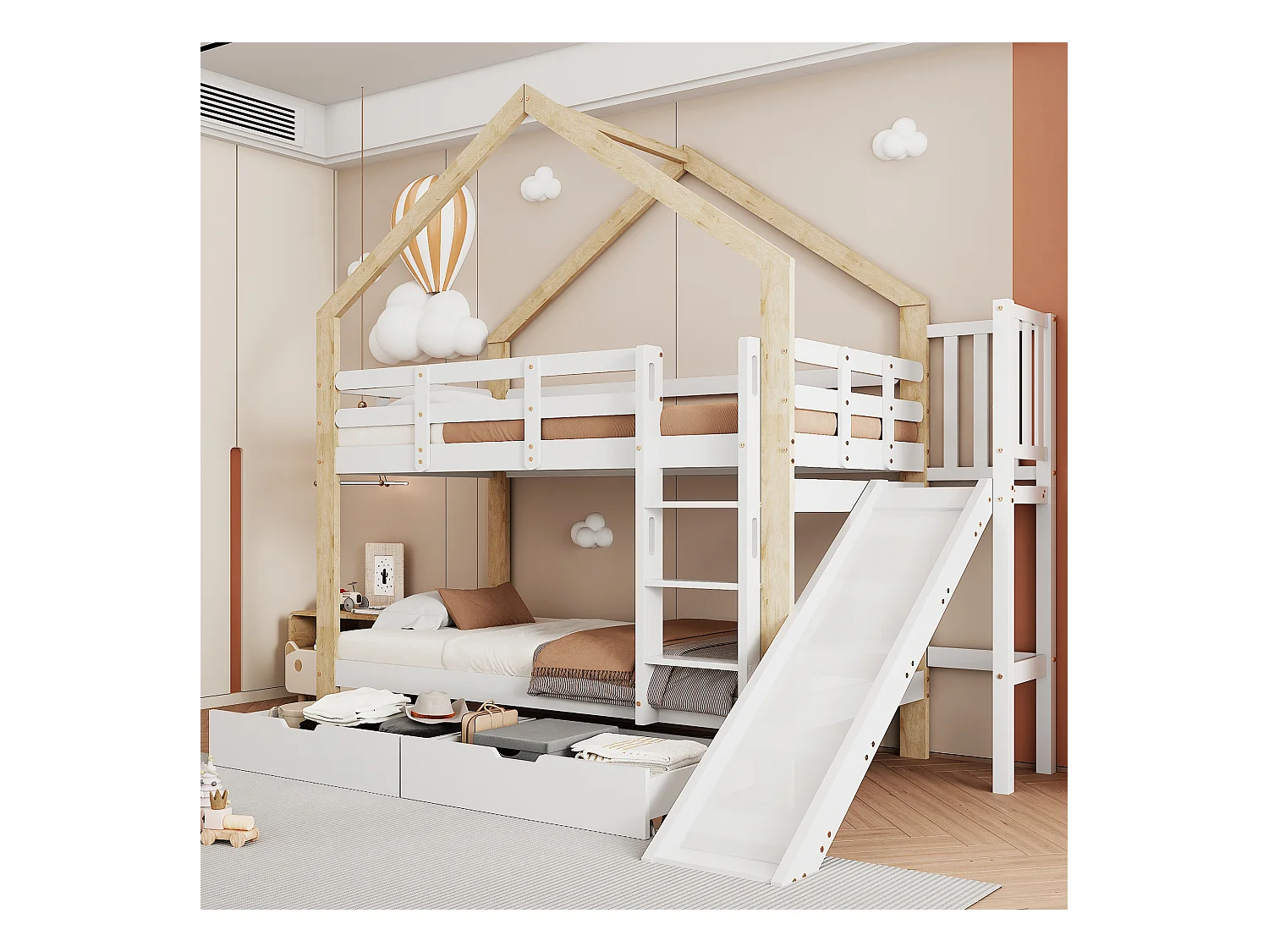Beliche com arrumação - 2 x 90 x 200 cm - escada, escorrega e base de ripas - natural e branco