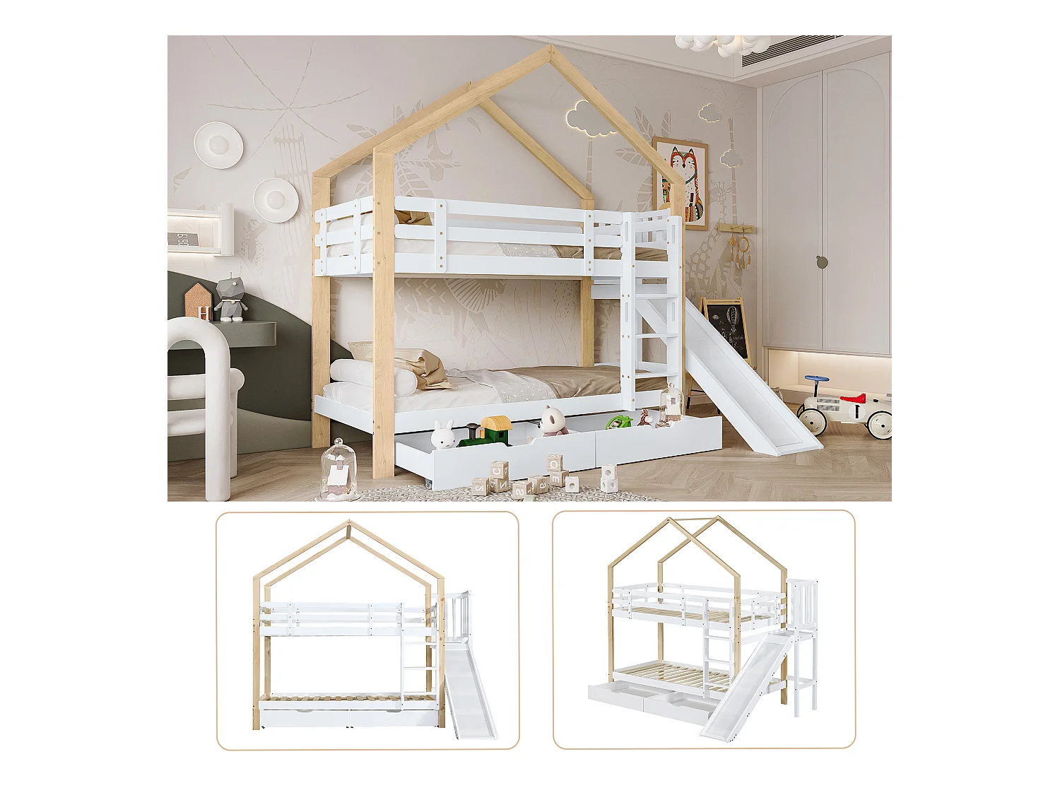Beliche com arrumação - 2 x 90 x 200 cm - escada, escorrega e base de ripas - natural e branco