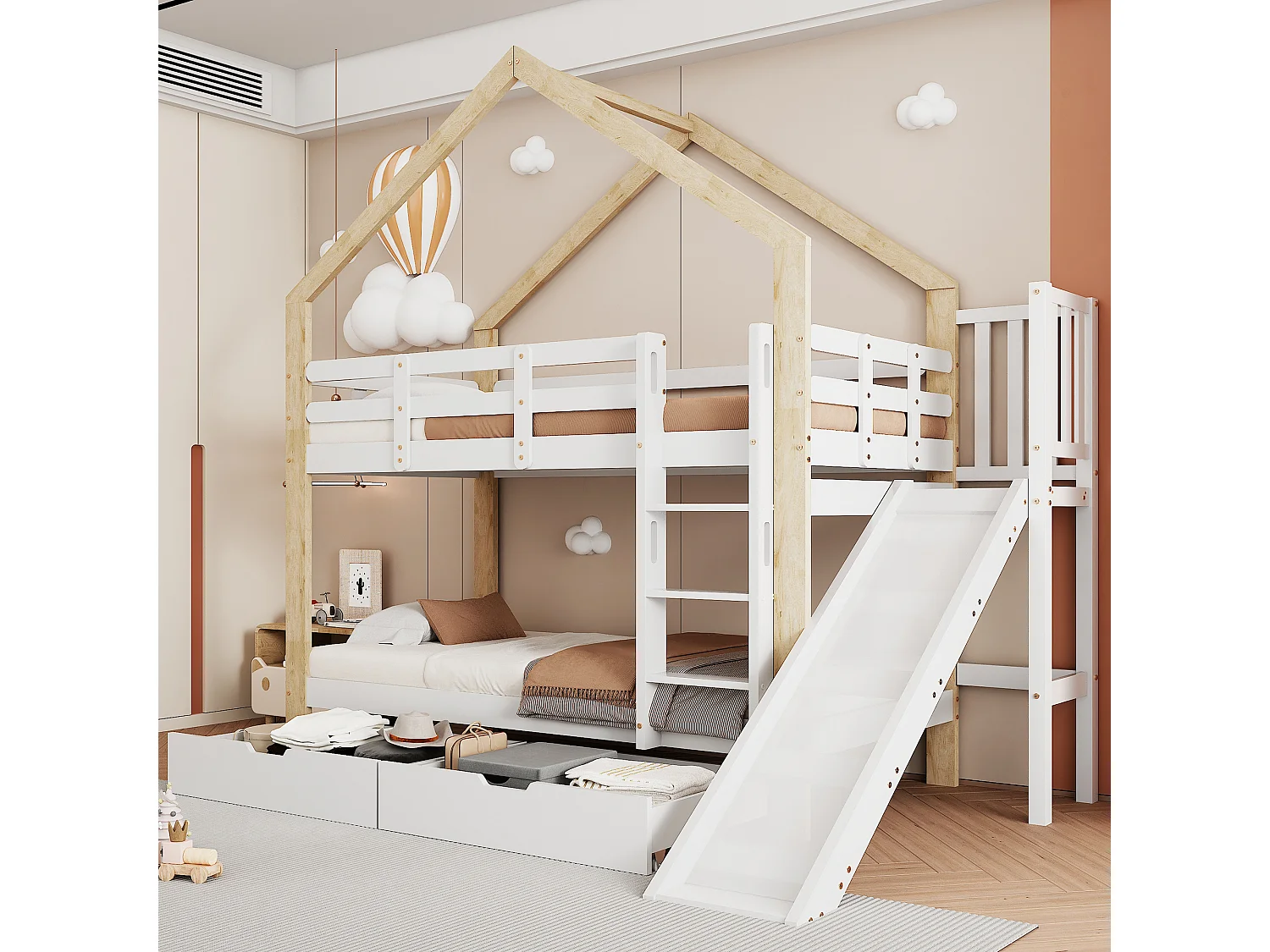 Letto a castello con contenitore - 2 x 90 x 200 cm - scaletta, scivolo e rete a doghe - naturale e bianco