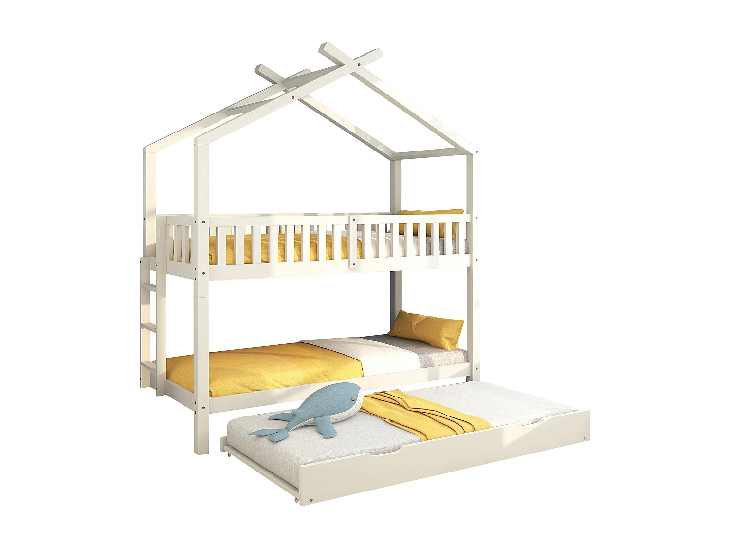 Lit superposé 3 couchages 2 lits 90 x 200 cm + 1 lit gigogne 90 x 190 cm en bois massif de pin sommier à lattes pour enfant blanc