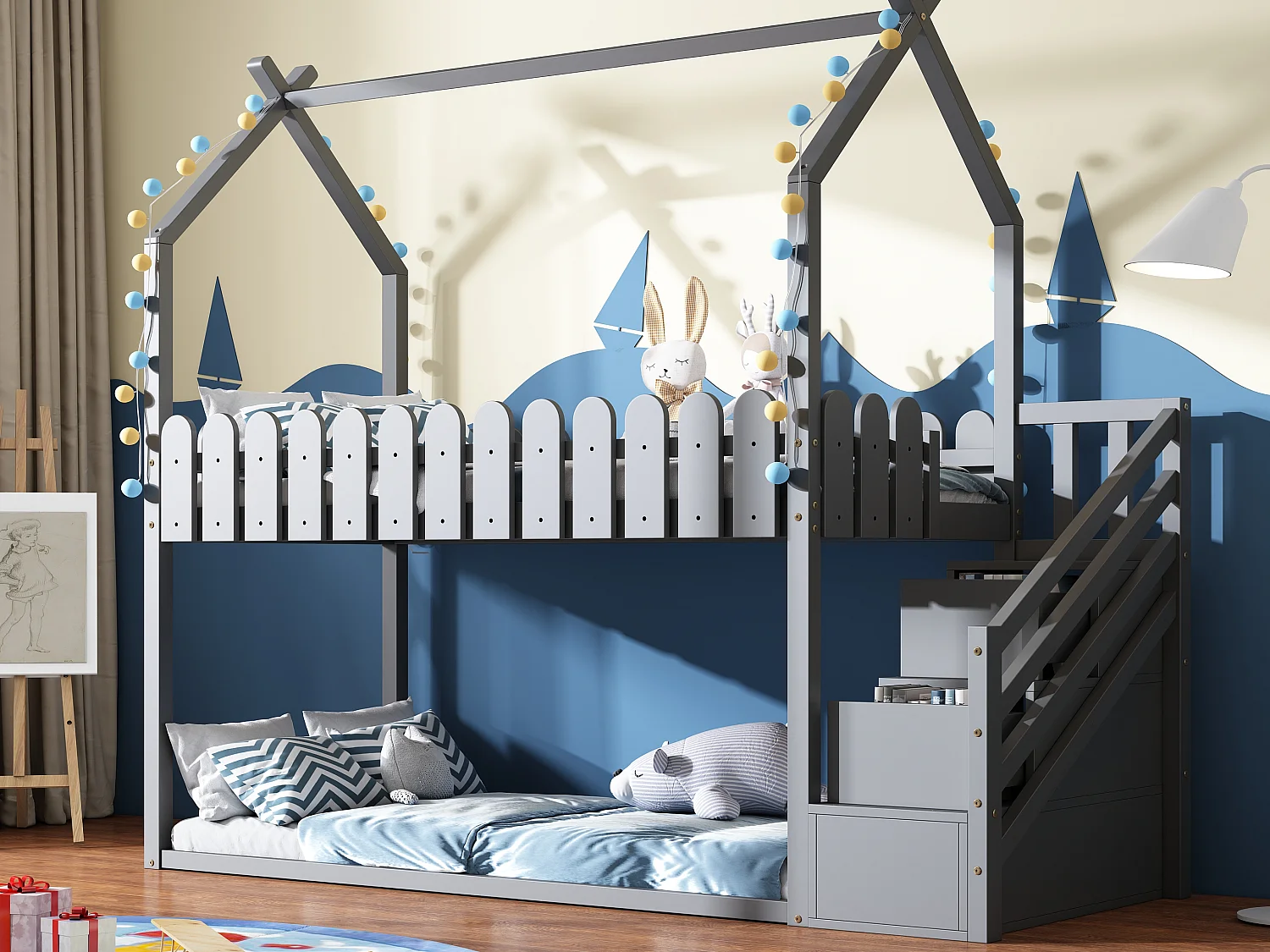 Lits superposés 2 couchages 90 x 200 cm avec 2 tiroirs, barrières de sécurité et sommier à lattes, gris