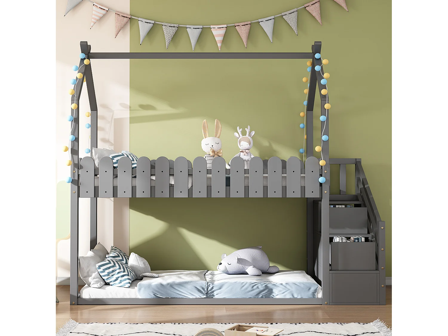 Lits superposés 2 couchages 90 x 200 cm avec 2 tiroirs, barrières de sécurité et sommier à lattes, gris