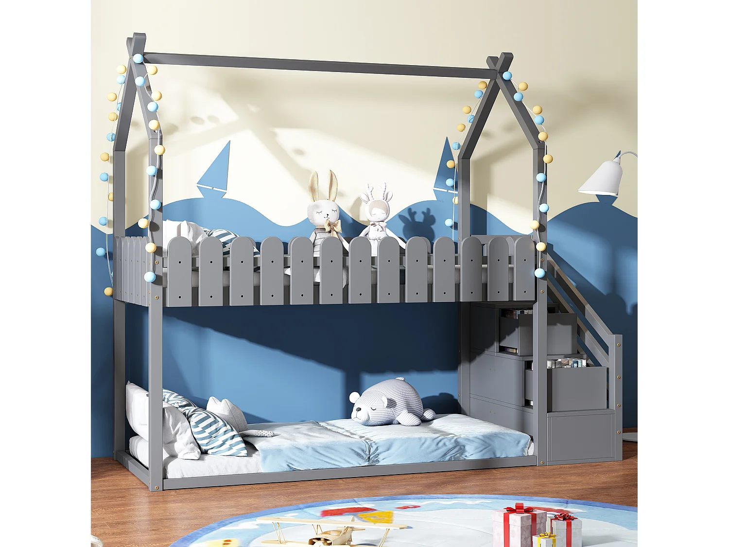 Lits superposés 2 couchages 90 x 200 cm avec 2 tiroirs, barrières de sécurité et sommier à lattes, gris