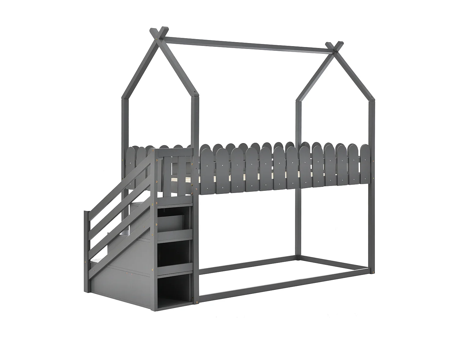 Lits superposés 2 couchages 90 x 200 cm avec 2 tiroirs, barrières de sécurité et sommier à lattes, gris