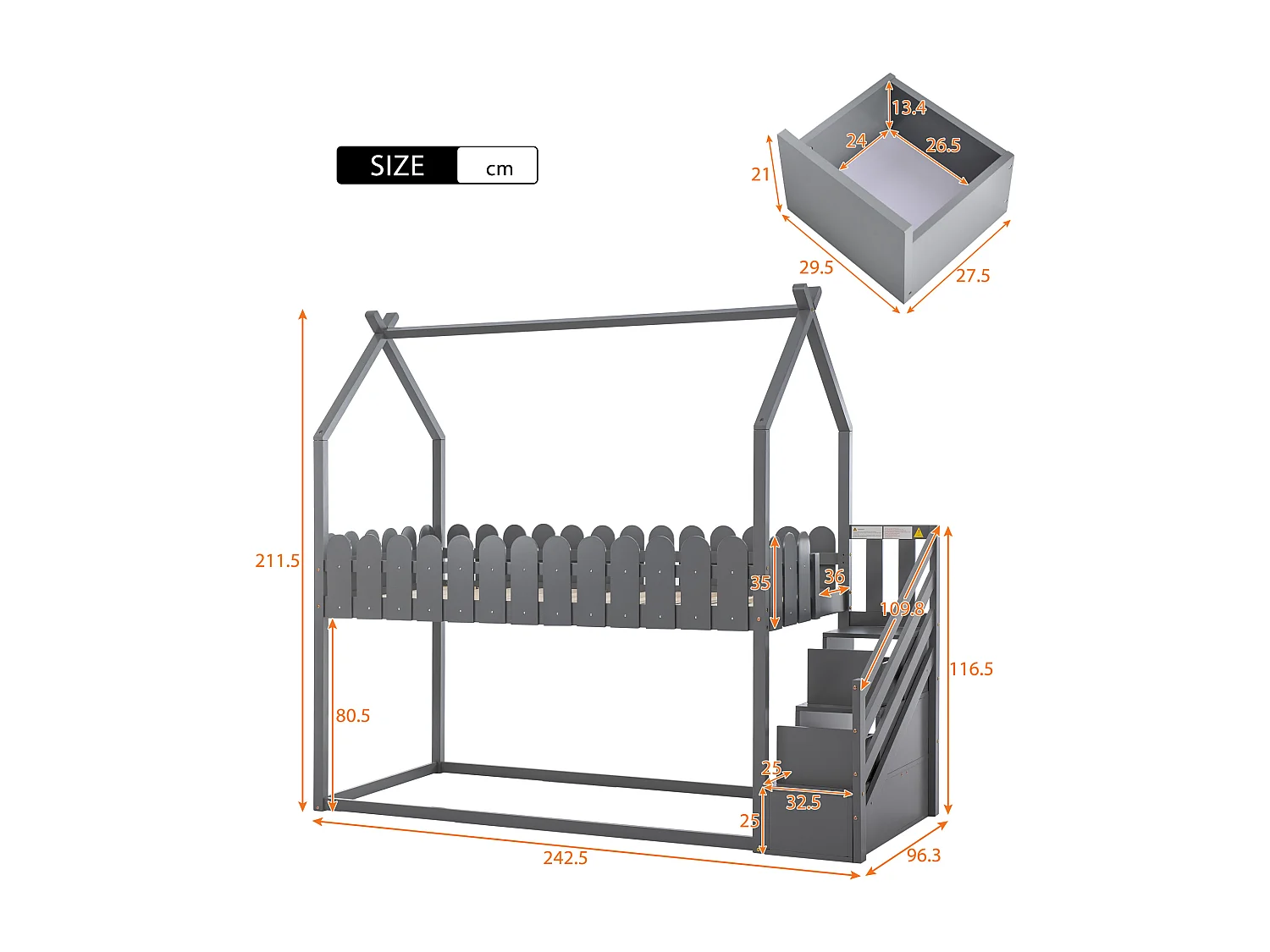Lits superposés 2 couchages 90 x 200 cm avec 2 tiroirs, barrières de sécurité et sommier à lattes, gris