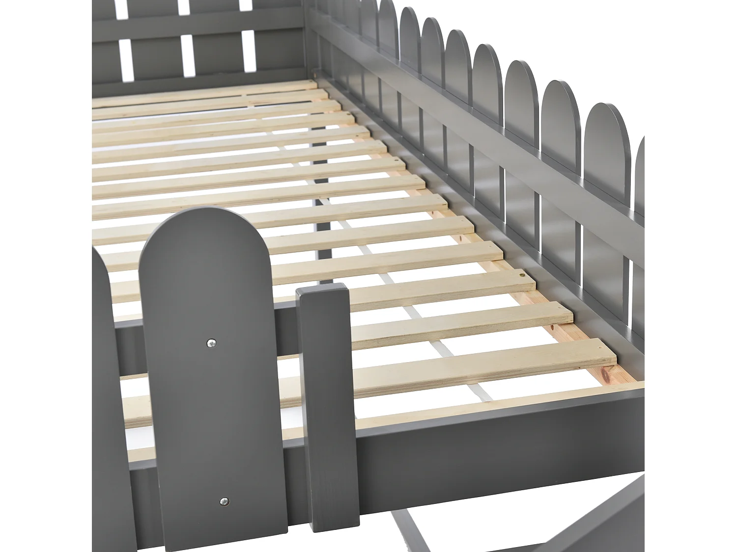 Lits superposés 2 couchages 90 x 200 cm avec 2 tiroirs, barrières de sécurité et sommier à lattes, gris