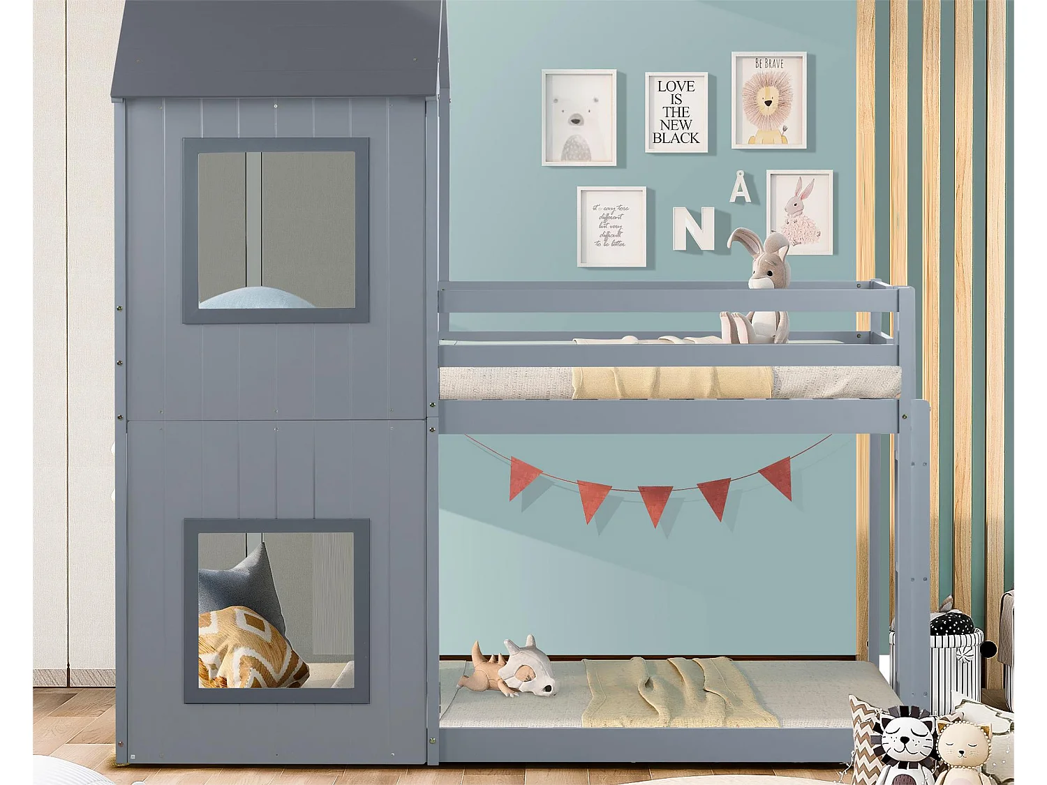 Lit superposé 2 couchages 90 x 200 cm pour enfant en bois massif avec sommier à lattes style moderne gris