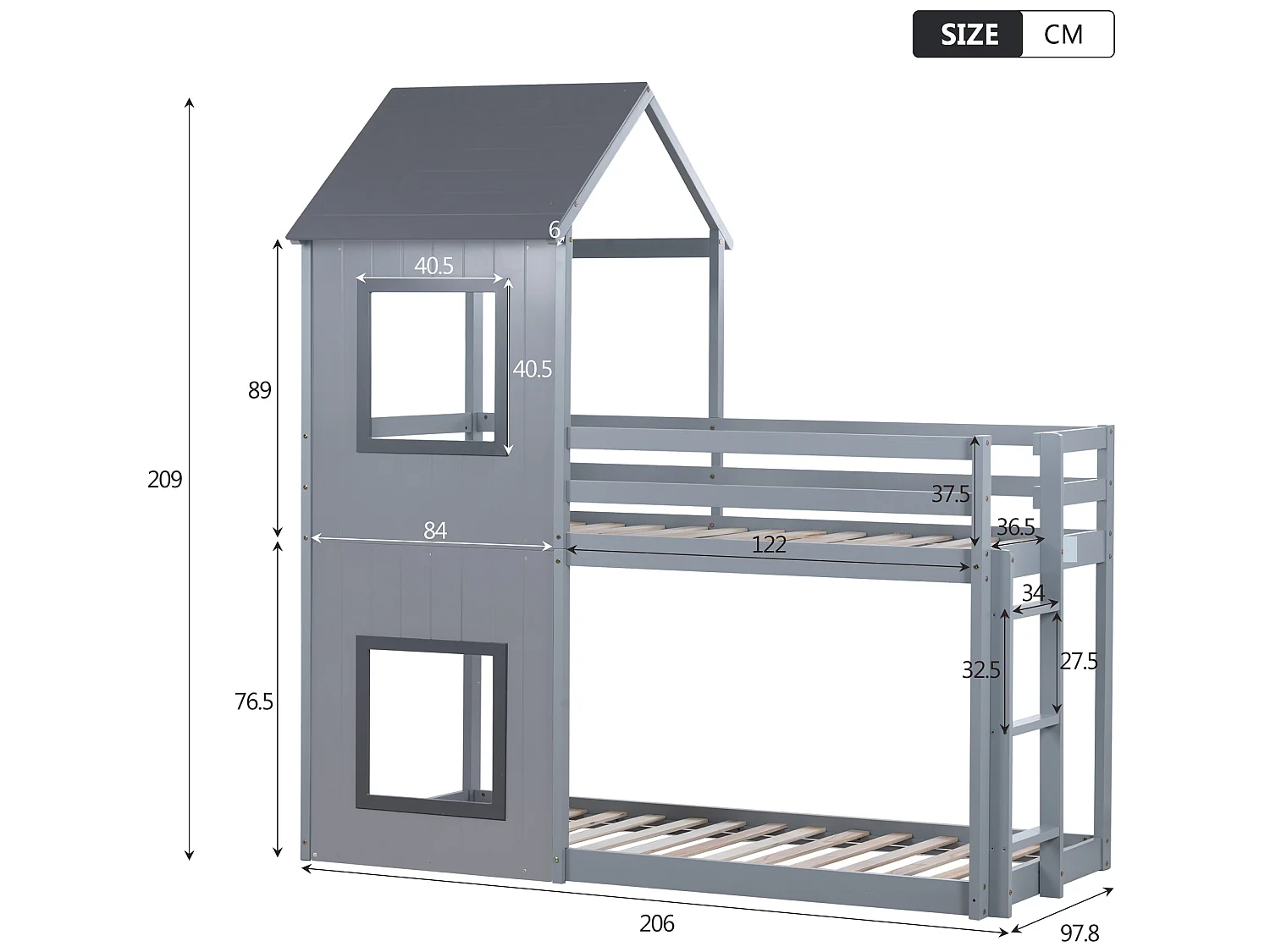 Lit superposé 2 couchages 90 x 200 cm pour enfant en bois massif avec sommier à lattes style moderne gris