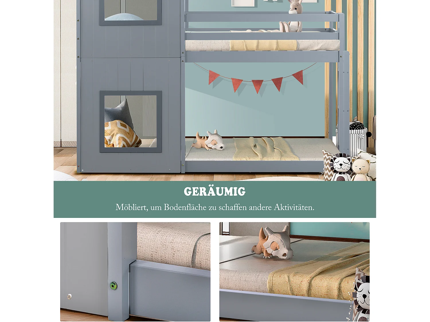 Lit superposé 2 couchages 90 x 200 cm pour enfant en bois massif avec sommier à lattes style moderne gris