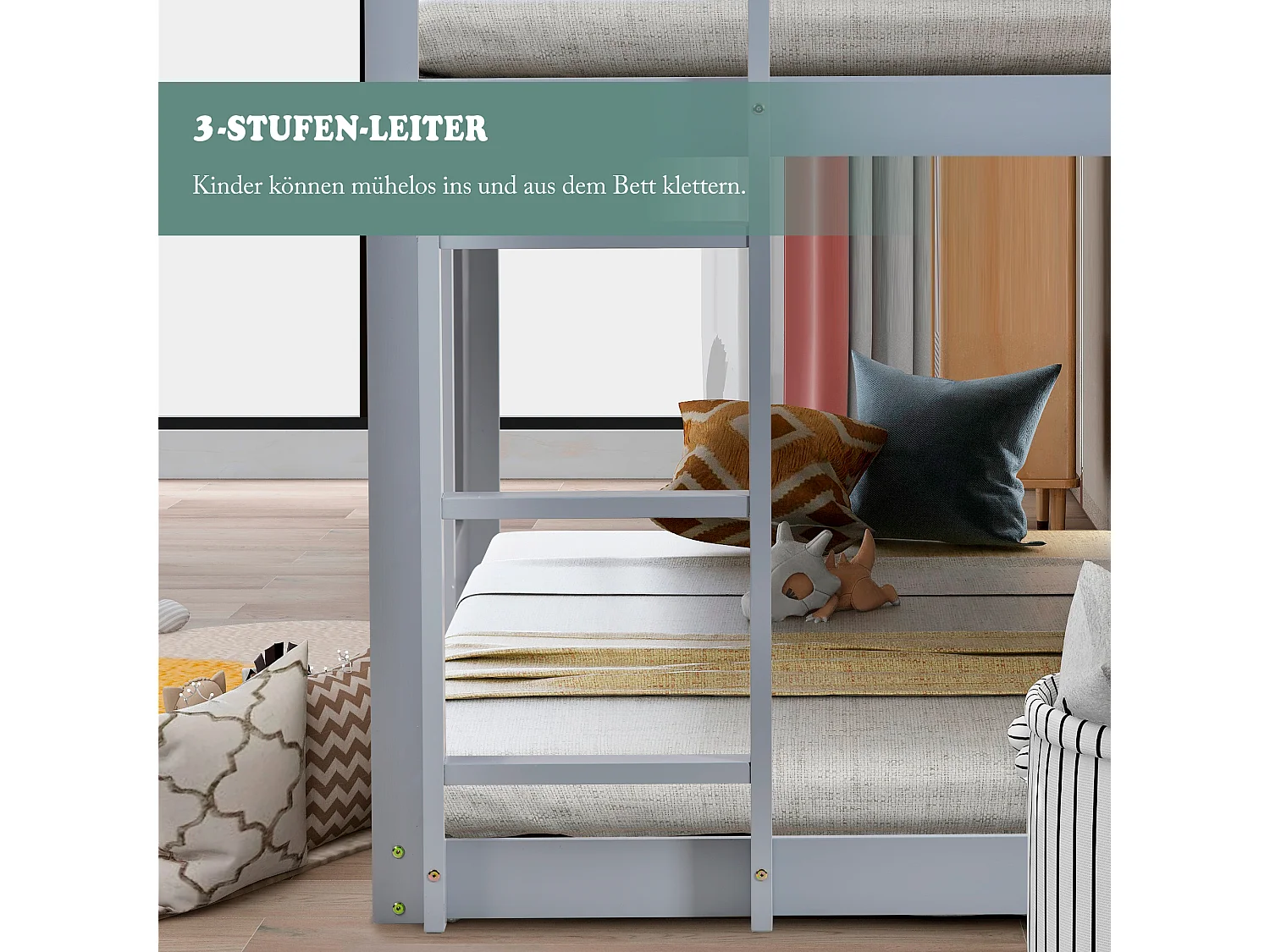 Lit superposé 2 couchages 90 x 200 cm pour enfant en bois massif avec sommier à lattes style moderne gris