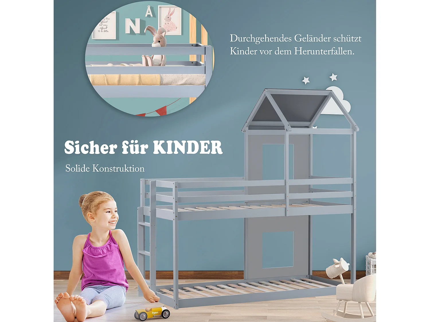 Lit superposé 2 couchages 90 x 200 cm pour enfant en bois massif avec sommier à lattes style moderne gris