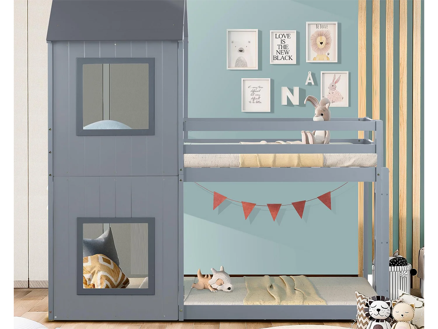 Lit superposé 2 couchages 90 x 200 cm pour enfant en bois massif avec sommier à lattes style moderne gris