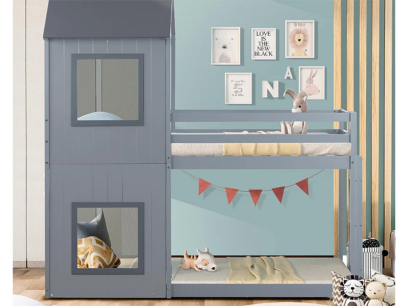 Etagenbett für 2 Personen 90 x 200 cm für Kinder aus Massivholz mit grauem Lattenrost im modernen Stil