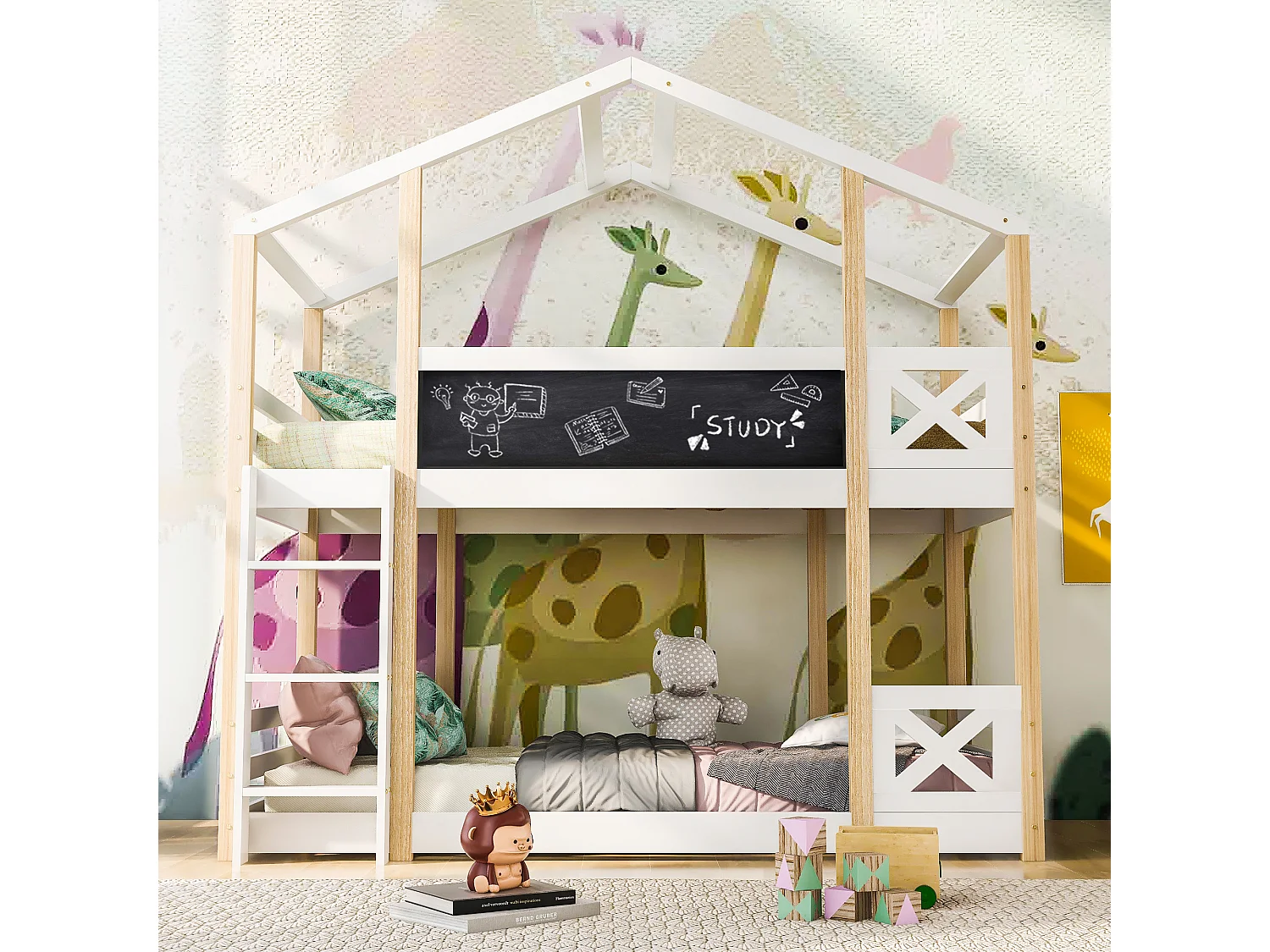 Stapelbed - 2 x 90 x 200 cm - grenen en MDF - ladder, spijlen en lattenbodem - naturel en wit